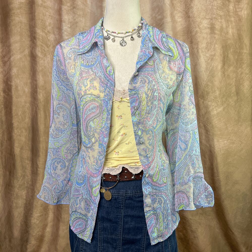 Vintage Paisley Blouse 90s Sheer Ruffled Sleeve Multicolor Button Up Pastel Boho